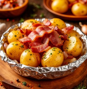 Вкусный картофель, запеченный с салом и луком в фольге