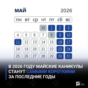 В 2026 году майские каникулы станут самыми короткими за последние годы