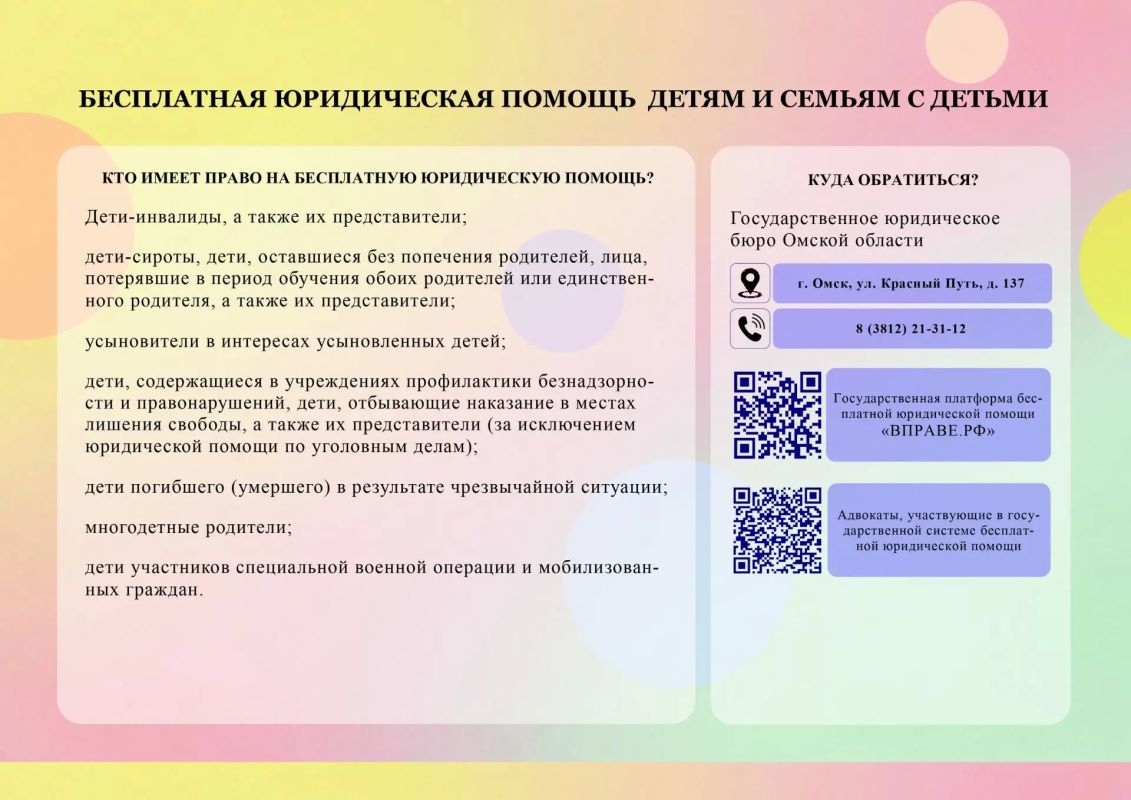 В целях расширения информирования семей с детьми о праве на бесплатную юридическую помощь с учетом рекомендаций Уполномоченного по правам ребенка в Омской области Главным государственно-правовым управлением Омской области...