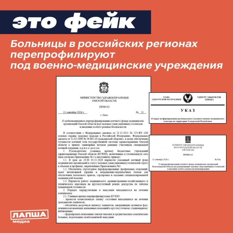 Больницы в Удмуртии, Омской и Волгоградской областях якобы срочно готовят под тыловые и полевые госпитали с усиленным режимом работы